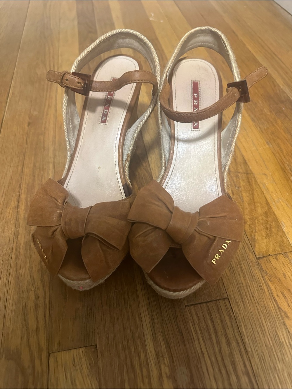Prada Tan Suede Bow Espadrille Wedge Sandals